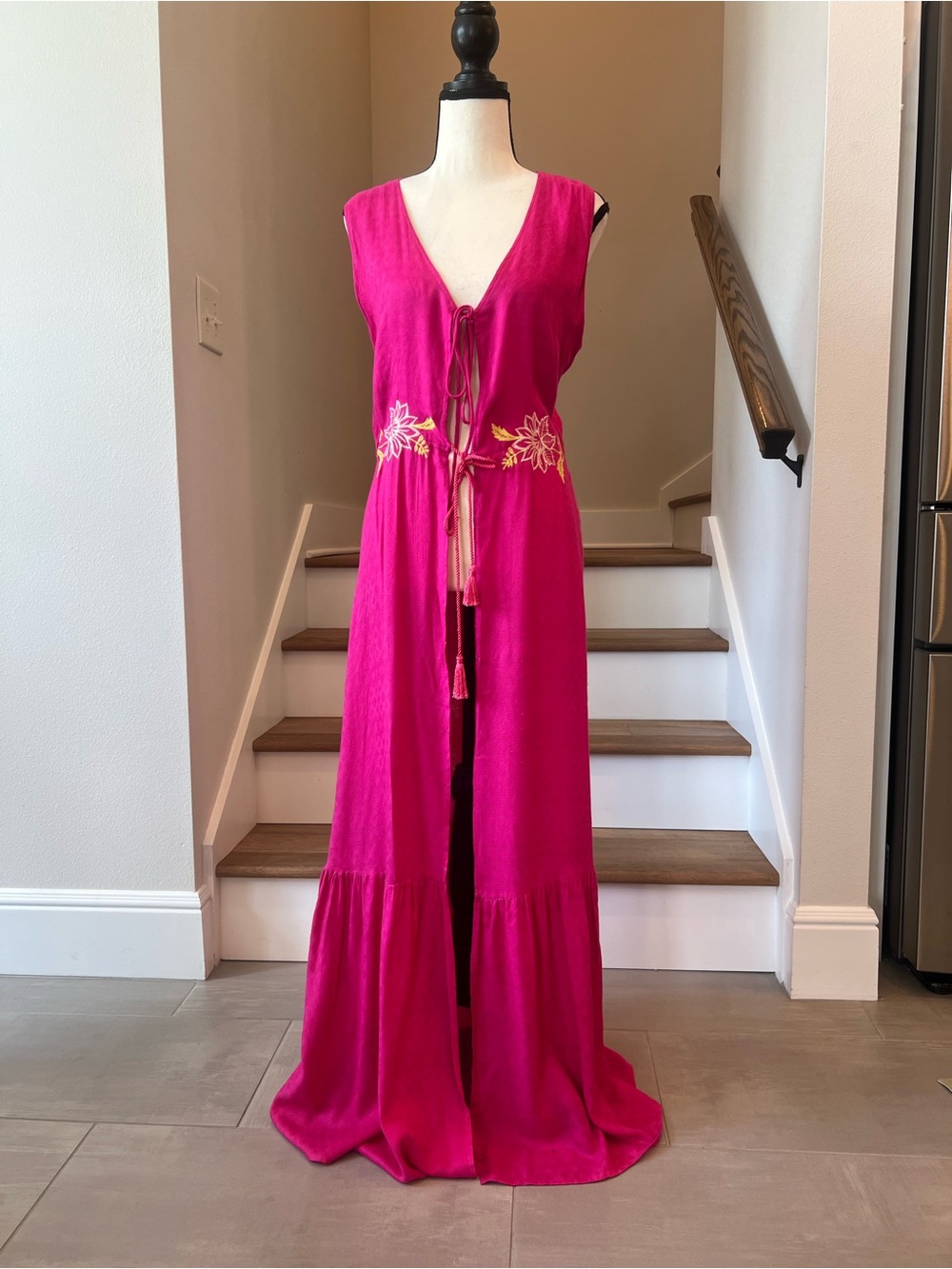 Bright Pink Embroidered Tie-Front Swim Coverup